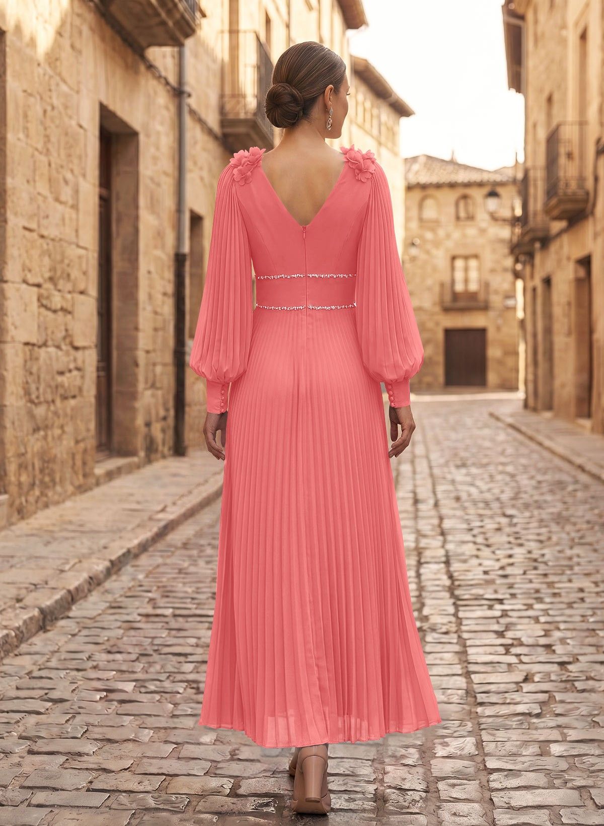 A-Line V-Neck Long Sleeves Ankle-Length Chiffon Mother Of The Bride Dresses