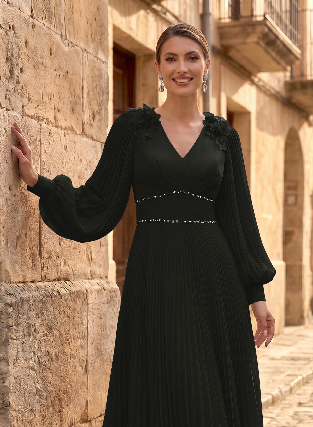 A-Line V-Neck Long Sleeves Ankle-Length Chiffon Mother Of The Bride Dresses