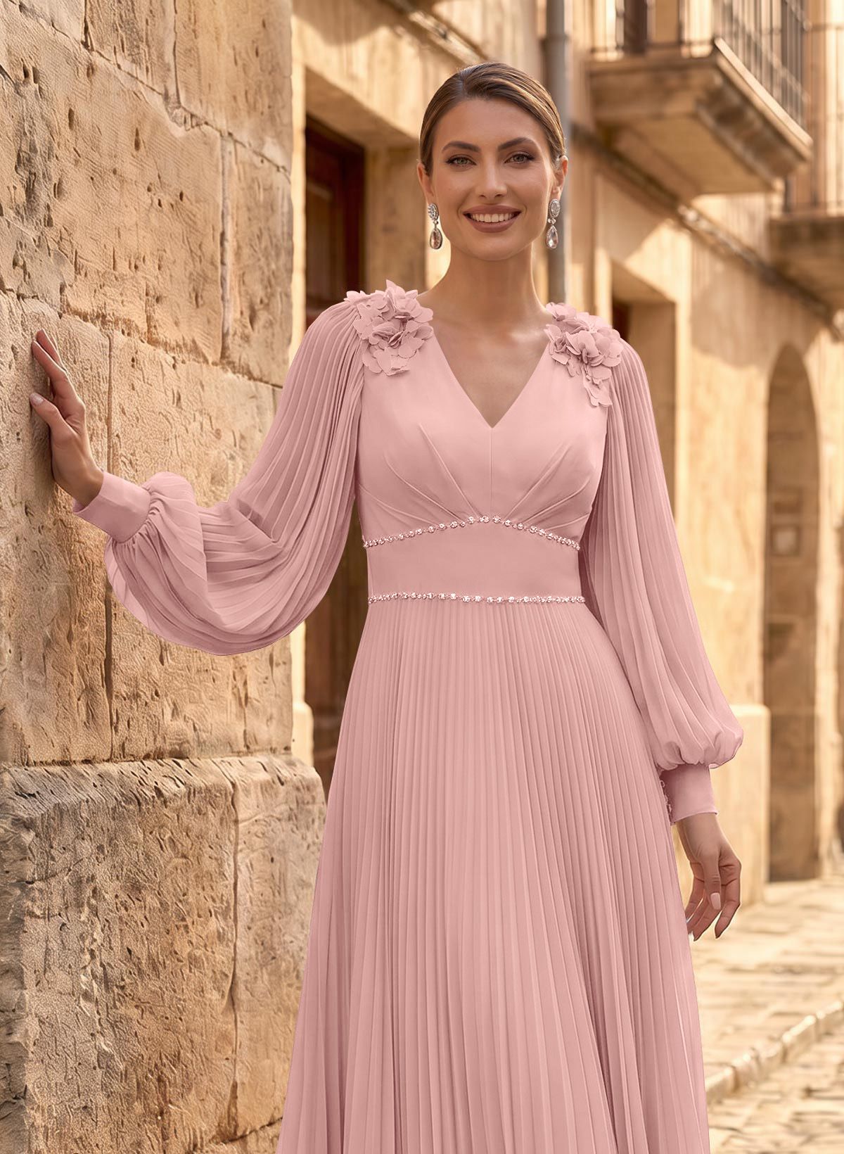 A-Line V-Neck Long Sleeves Ankle-Length Chiffon Mother Of The Bride Dresses