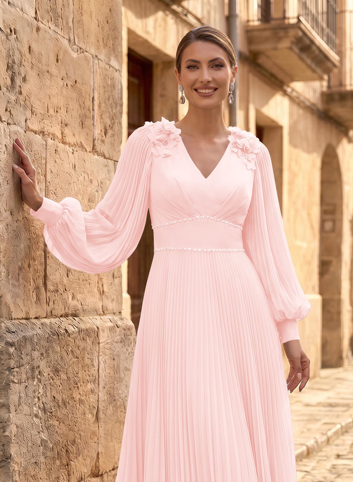 A-Line V-Neck Long Sleeves Ankle-Length Chiffon Mother Of The Bride Dresses