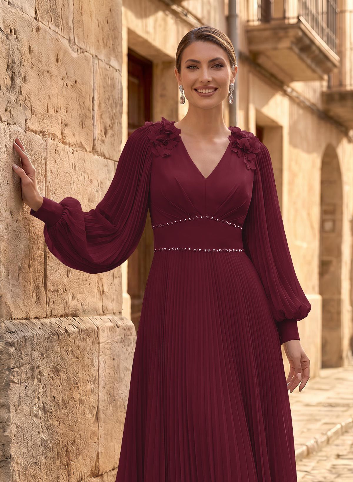 A-Line V-Neck Long Sleeves Ankle-Length Chiffon Mother Of The Bride Dresses