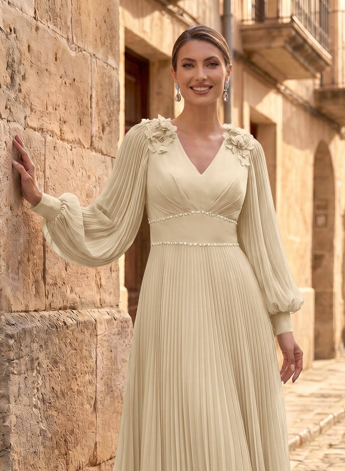 A-Line V-Neck Long Sleeves Ankle-Length Chiffon Mother Of The Bride Dresses