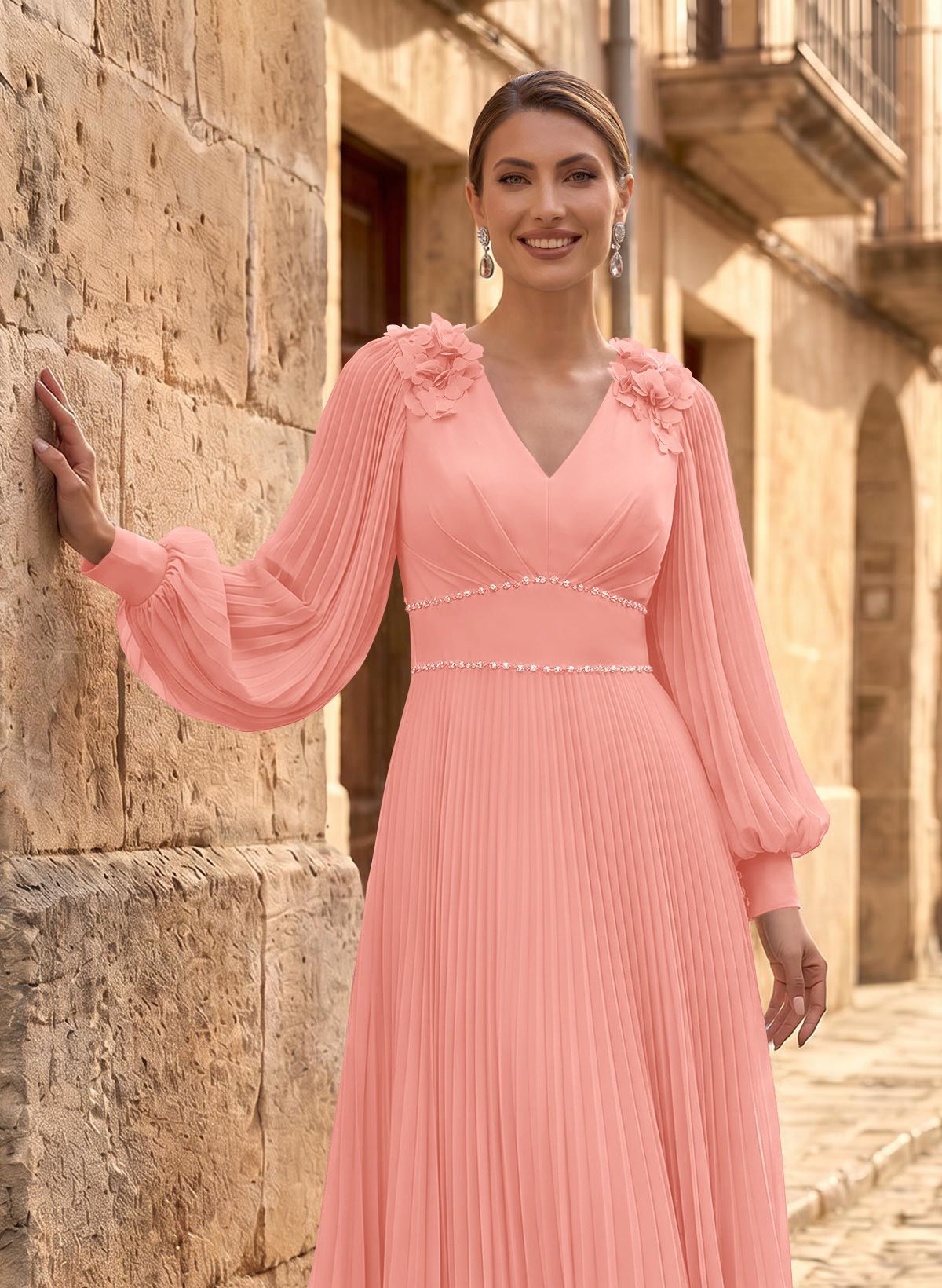 A-Line V-Neck Long Sleeves Ankle-Length Chiffon Mother Of The Bride Dresses