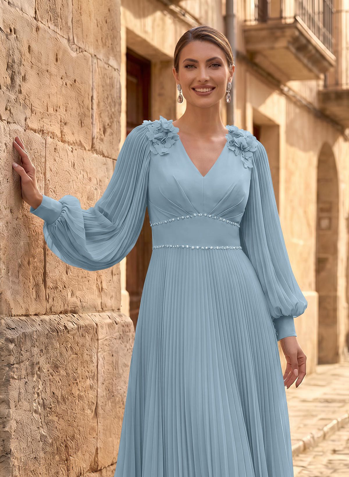 A-Line V-Neck Long Sleeves Ankle-Length Chiffon Mother Of The Bride Dresses