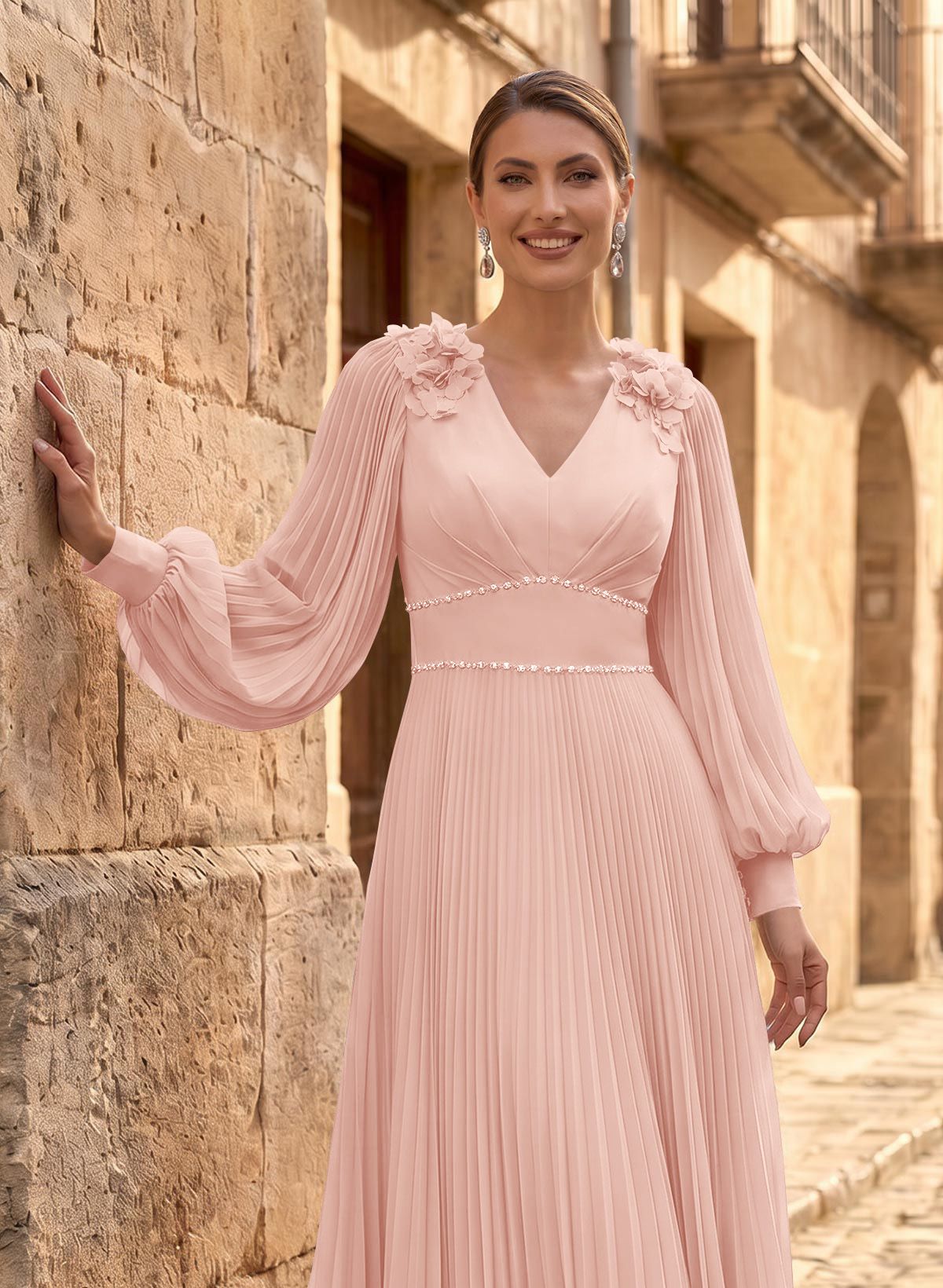 A-Line V-Neck Long Sleeves Ankle-Length Chiffon Mother Of The Bride Dresses