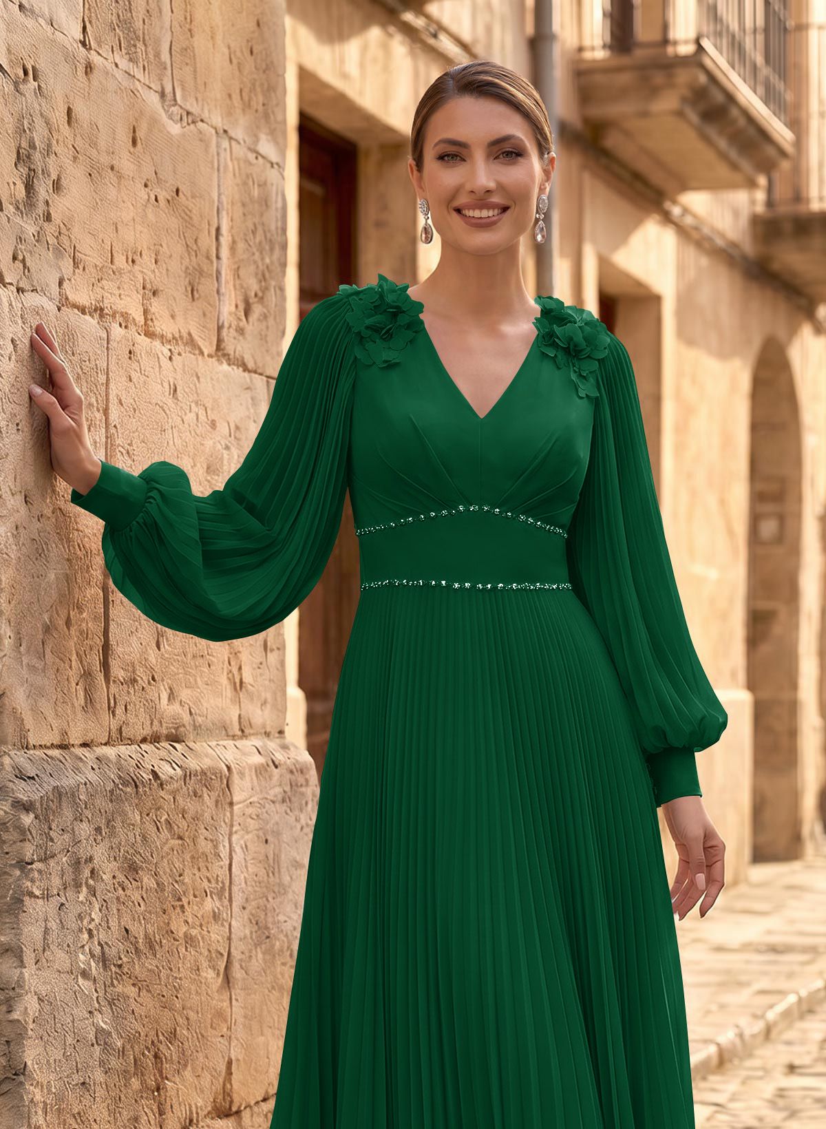 A-Line V-Neck Long Sleeves Ankle-Length Chiffon Mother Of The Bride Dresses