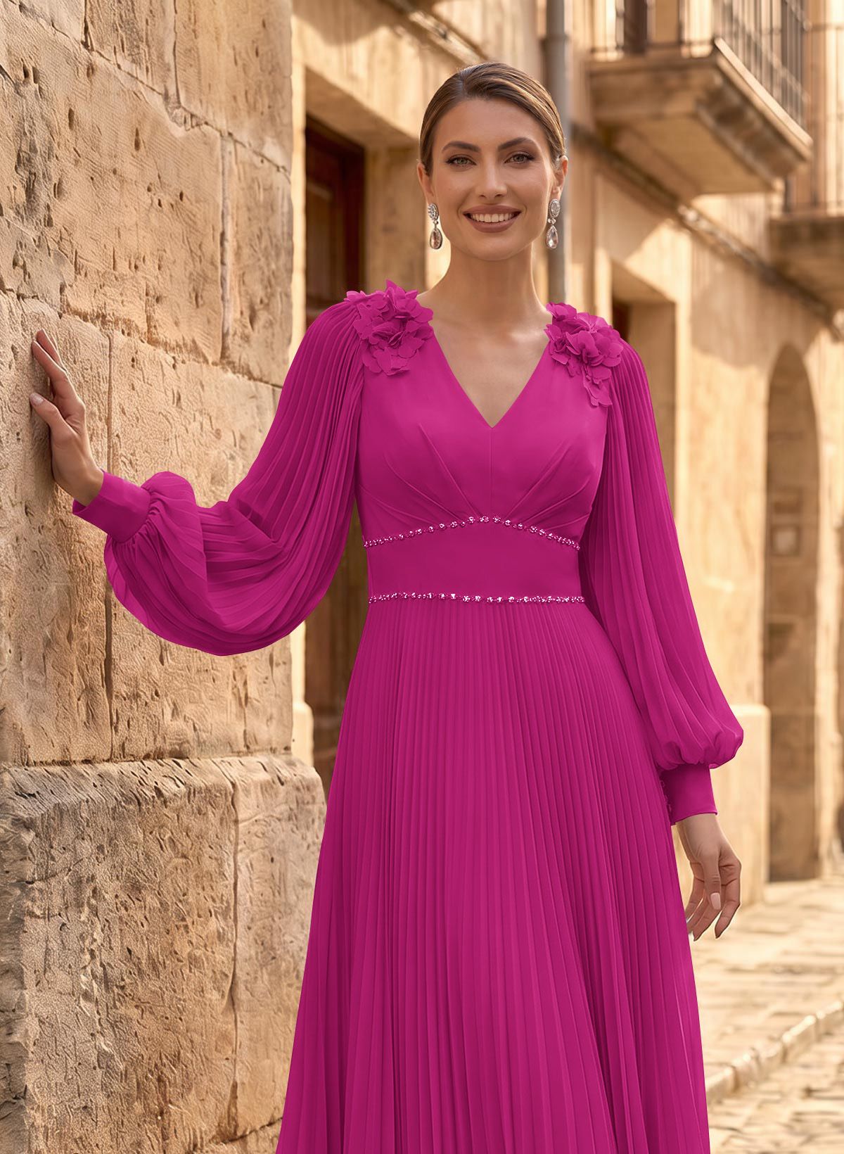 A-Line V-Neck Long Sleeves Ankle-Length Chiffon Mother Of The Bride Dresses