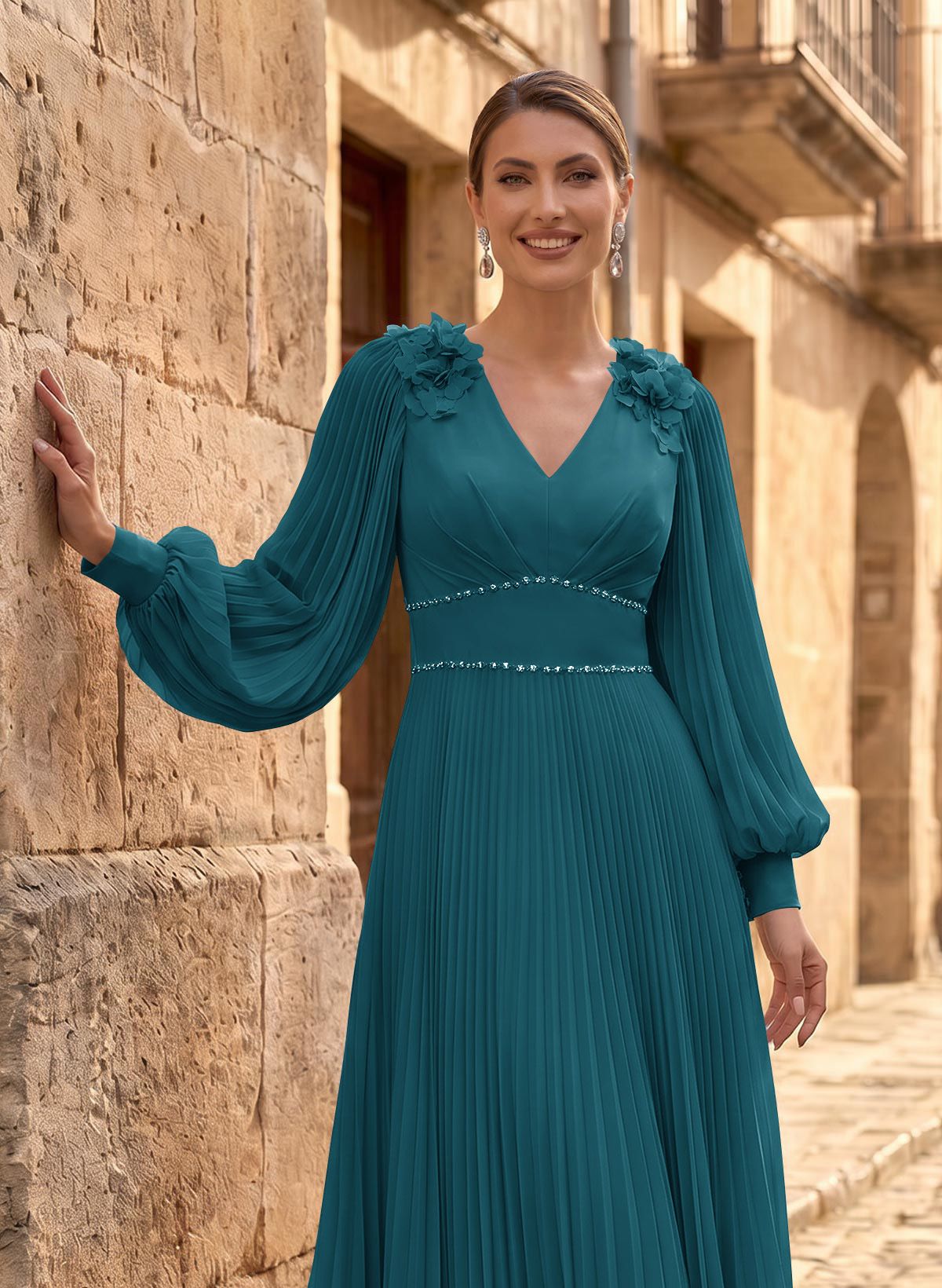A-Line V-Neck Long Sleeves Ankle-Length Chiffon Mother Of The Bride Dresses