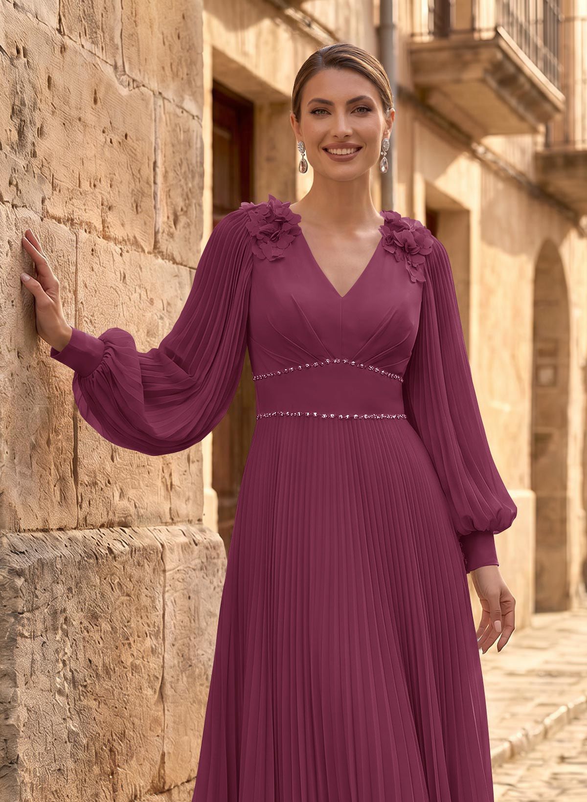 A-Line V-Neck Long Sleeves Ankle-Length Chiffon Mother Of The Bride Dresses