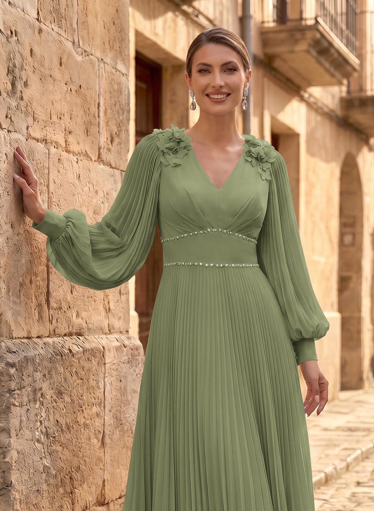 A-Line V-Neck Long Sleeves Ankle-Length Chiffon Mother Of The Bride Dresses