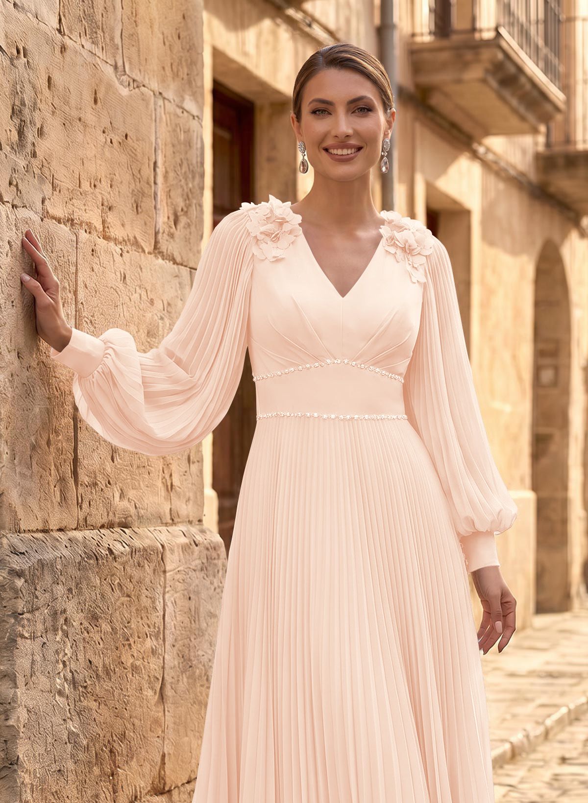 A-Line V-Neck Long Sleeves Ankle-Length Chiffon Mother Of The Bride Dresses