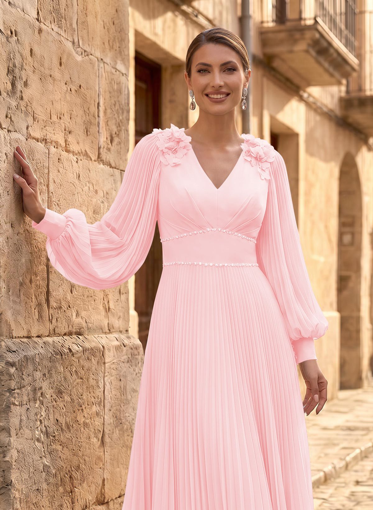 A-Line V-Neck Long Sleeves Ankle-Length Chiffon Mother Of The Bride Dresses