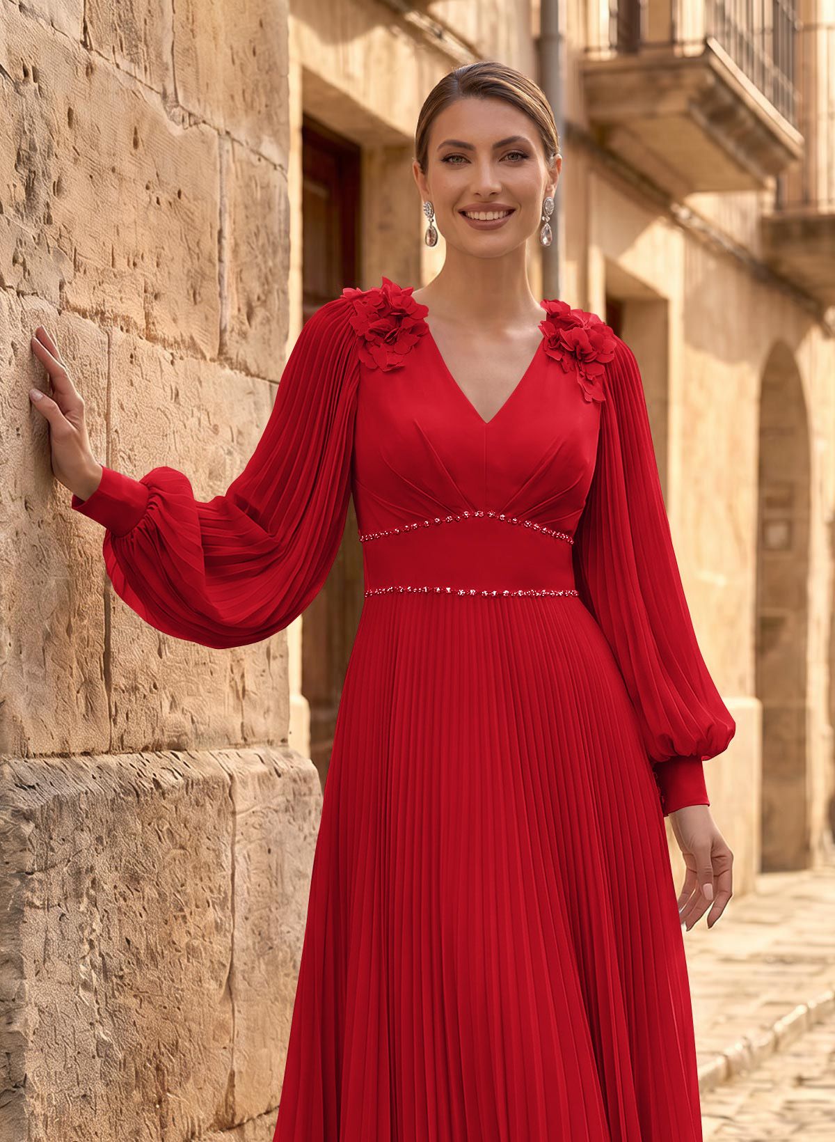 A-Line V-Neck Long Sleeves Ankle-Length Chiffon Mother Of The Bride Dresses