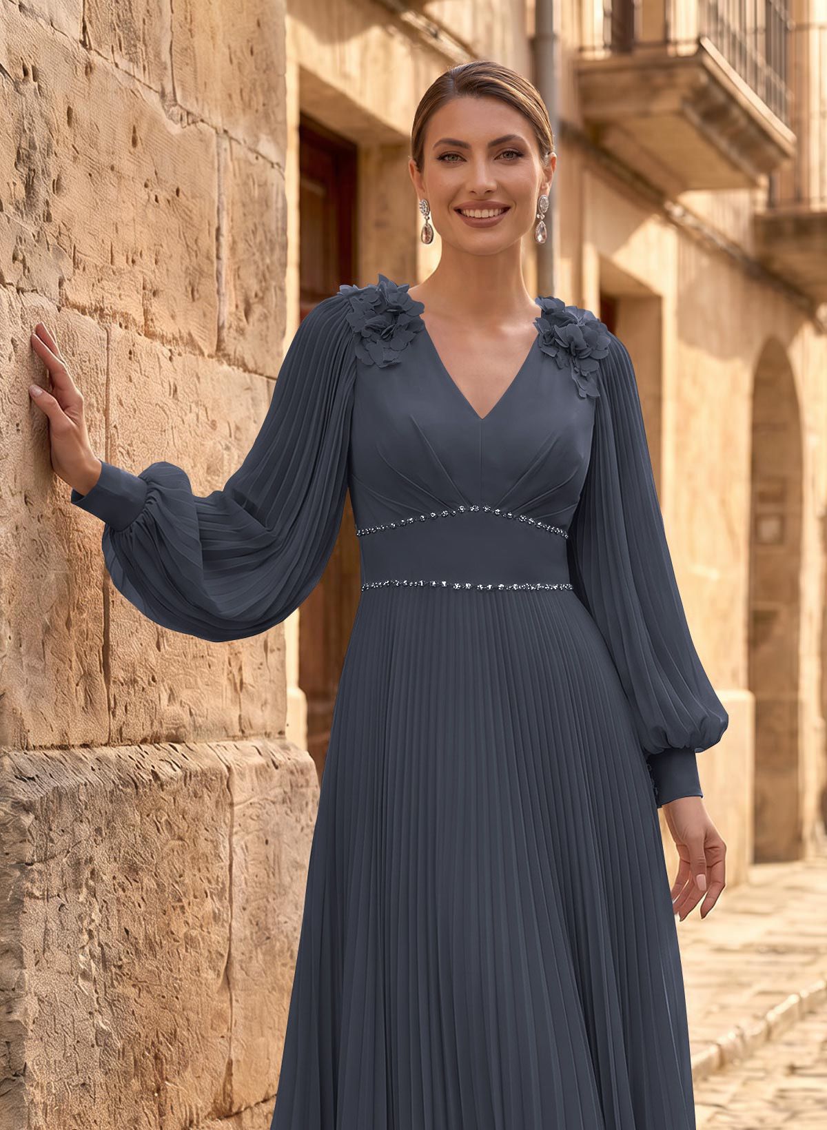 A-Line V-Neck Long Sleeves Ankle-Length Chiffon Mother Of The Bride Dresses