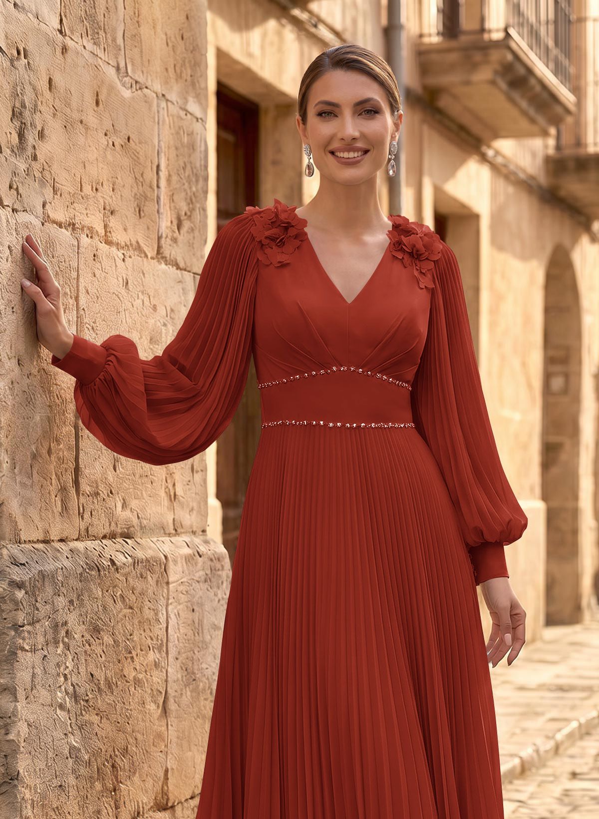 A-Line V-Neck Long Sleeves Ankle-Length Chiffon Mother Of The Bride Dresses