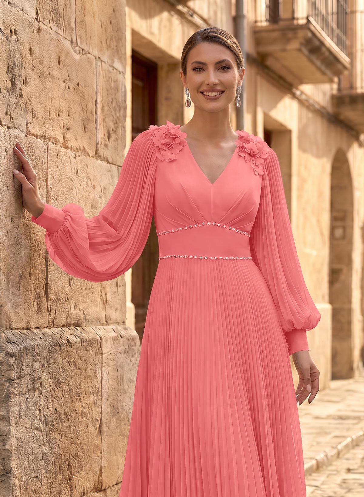 A-Line V-Neck Long Sleeves Ankle-Length Chiffon Mother Of The Bride Dresses