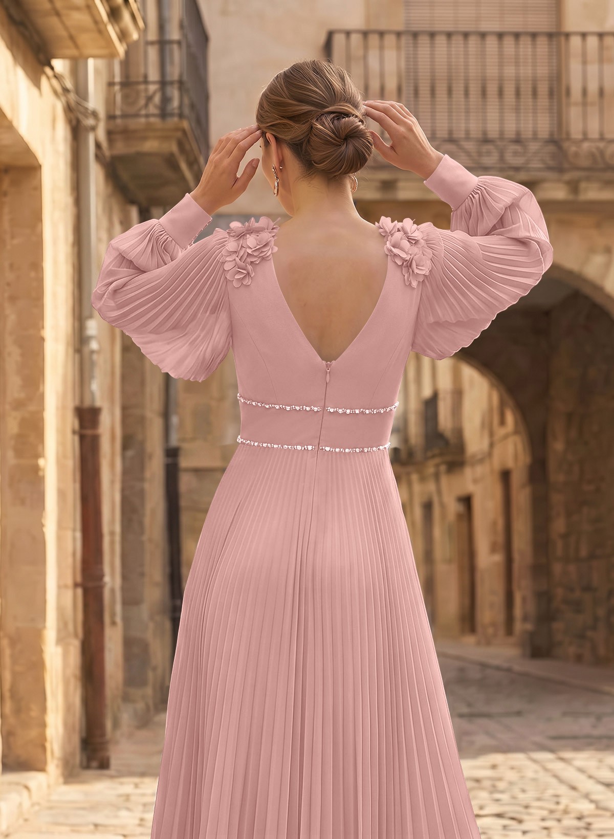 A-Line V-Neck Long Sleeves Ankle-Length Chiffon Mother Of The Bride Dresses