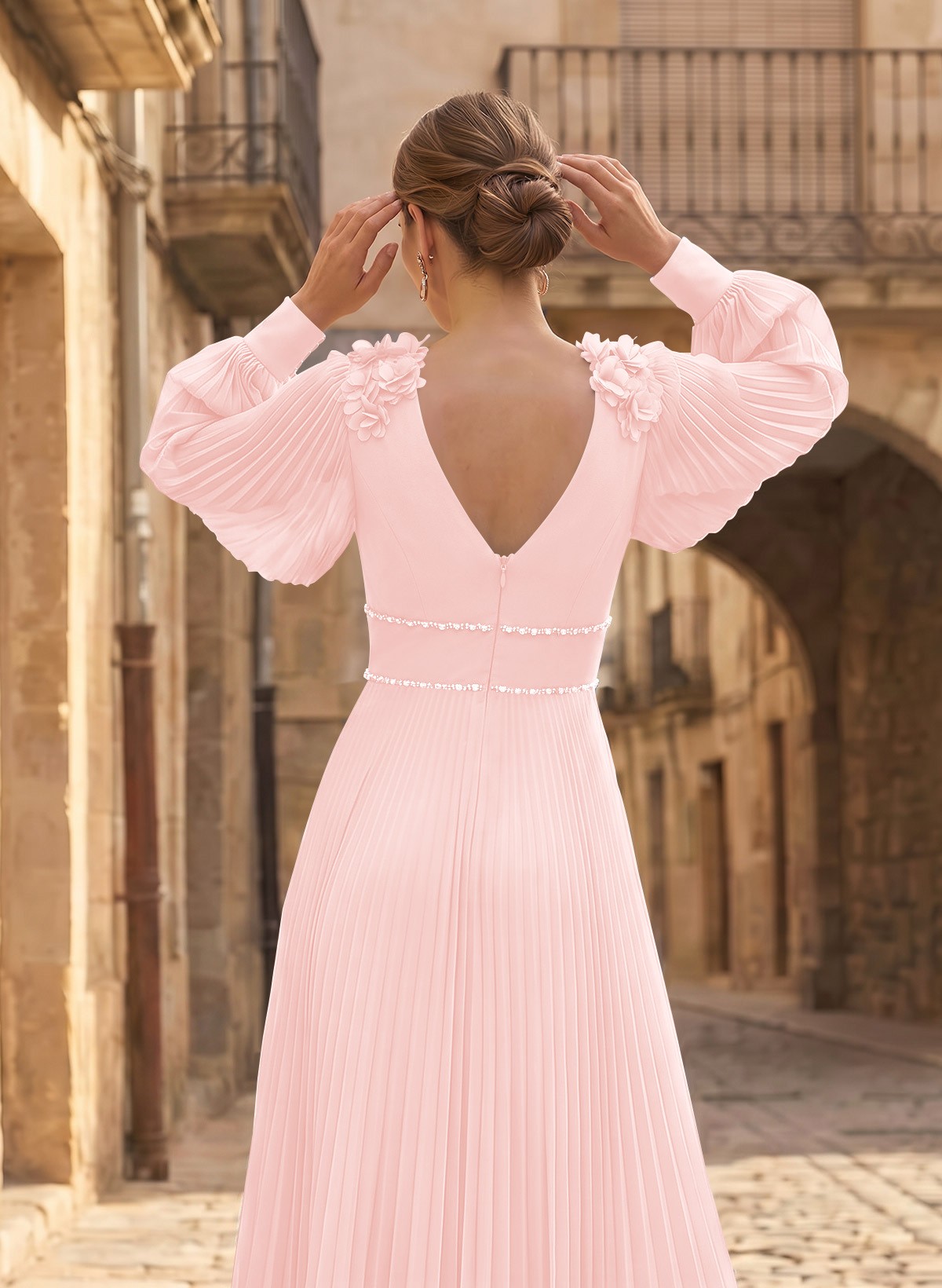 A-Line V-Neck Long Sleeves Ankle-Length Chiffon Mother Of The Bride Dresses