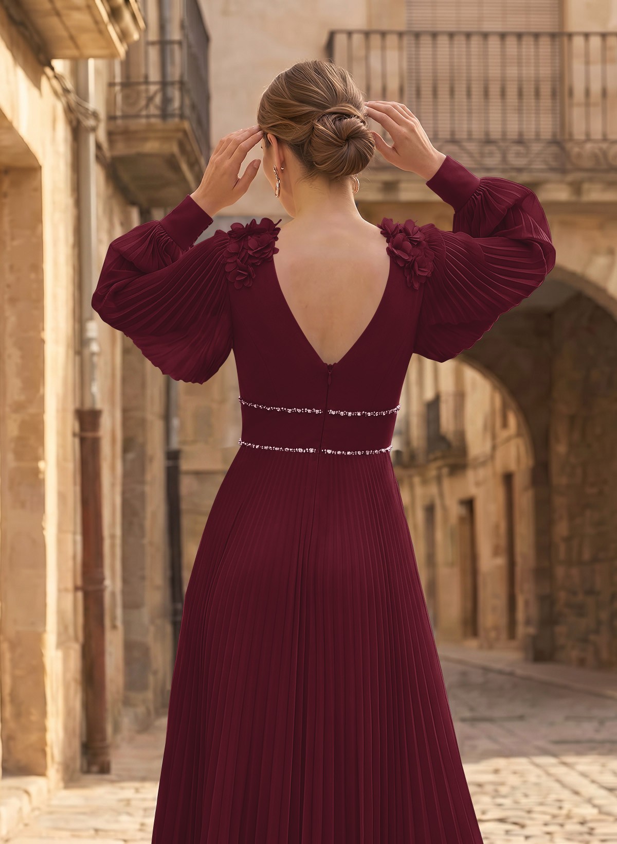 A-Line V-Neck Long Sleeves Ankle-Length Chiffon Mother Of The Bride Dresses