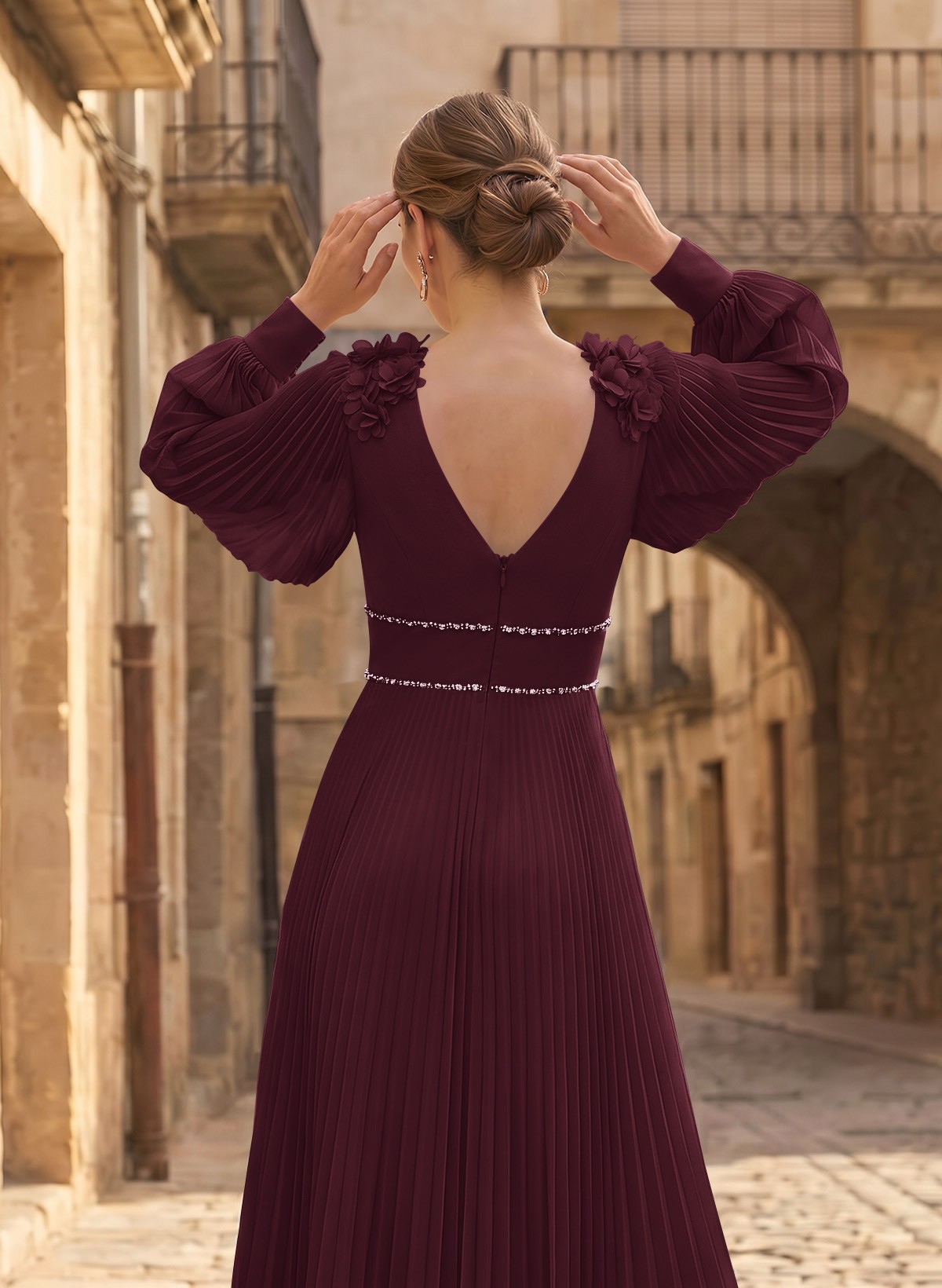 A-Line V-Neck Long Sleeves Ankle-Length Chiffon Mother Of The Bride Dresses