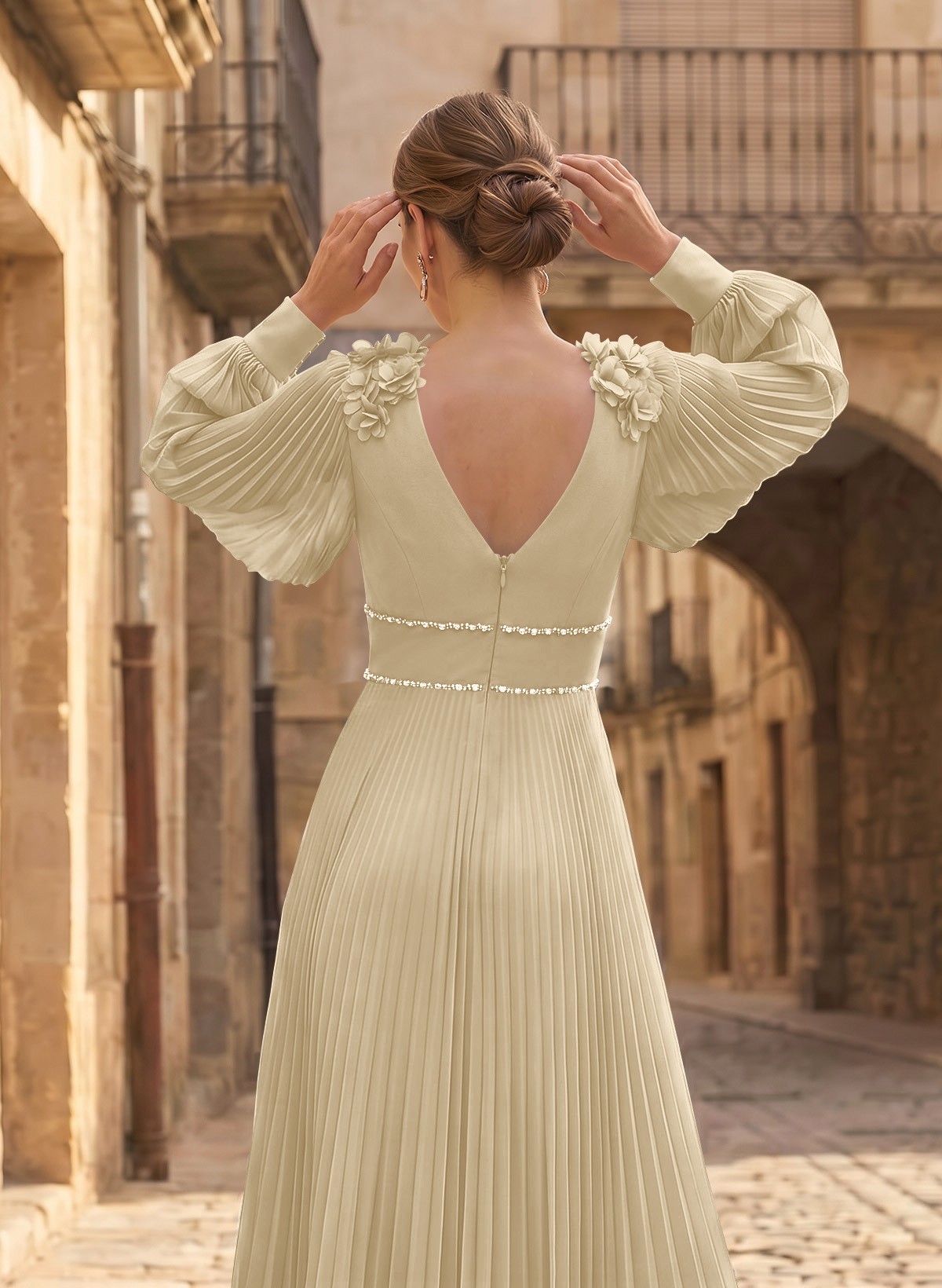 A-Line V-Neck Long Sleeves Ankle-Length Chiffon Mother Of The Bride Dresses