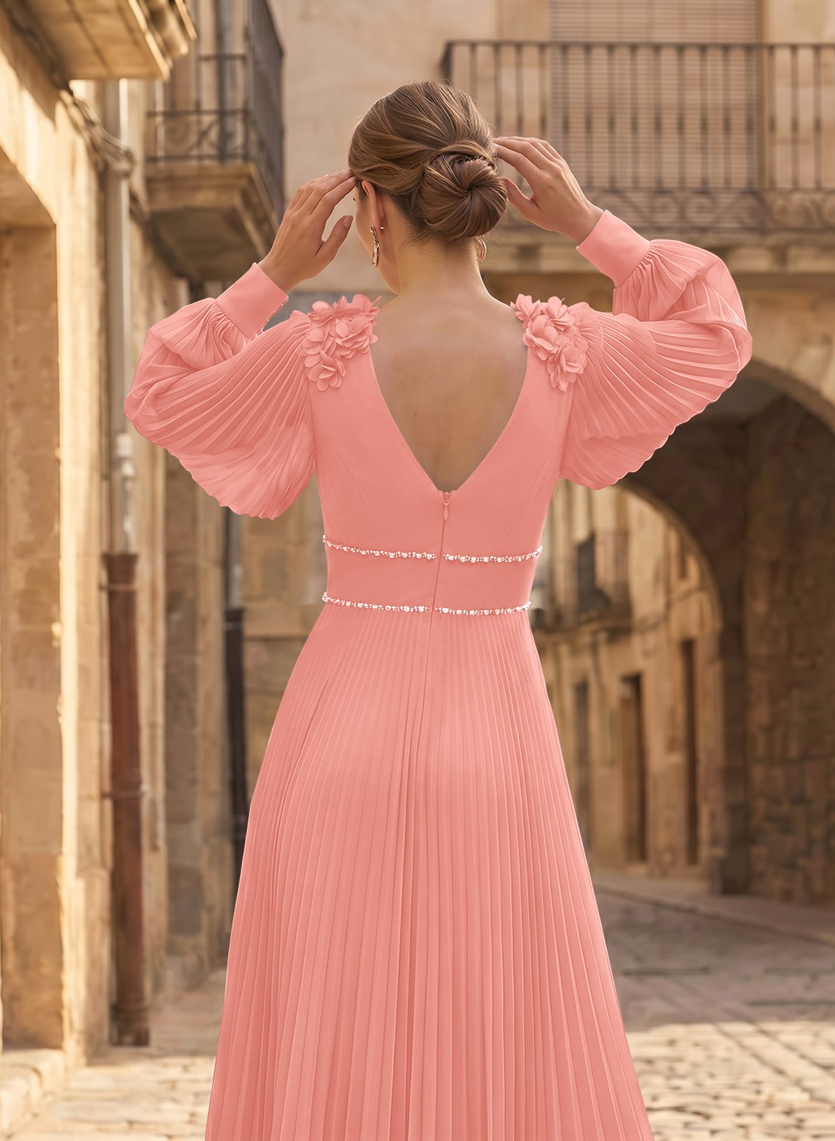 A-Line V-Neck Long Sleeves Ankle-Length Chiffon Mother Of The Bride Dresses