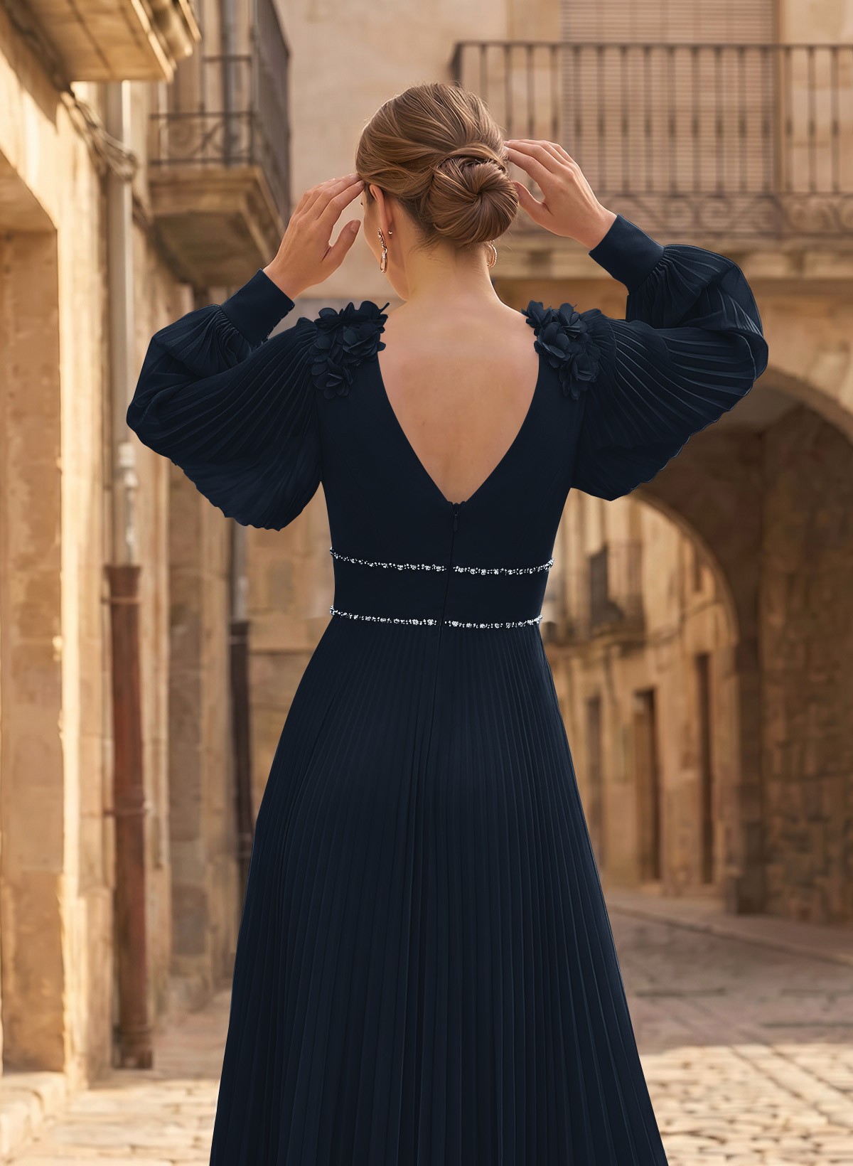 A-Line V-Neck Long Sleeves Ankle-Length Chiffon Mother Of The Bride Dresses