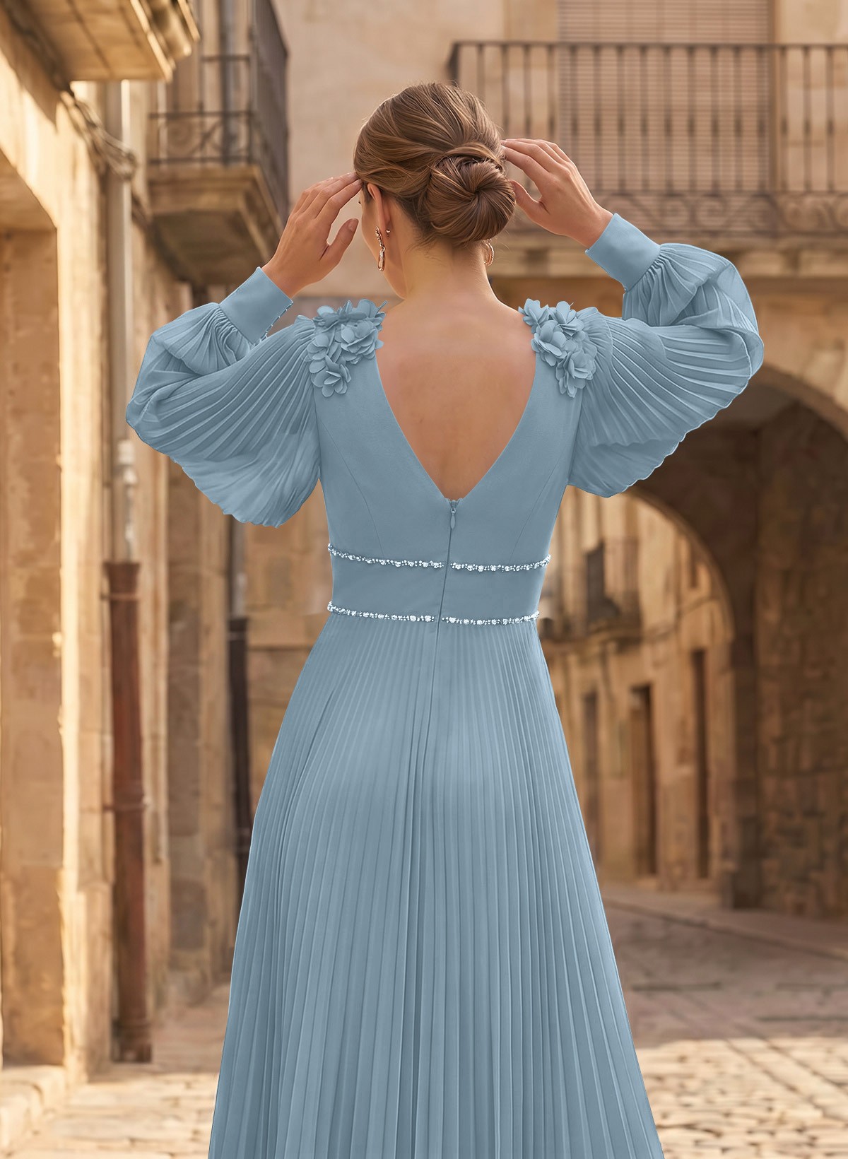 A-Line V-Neck Long Sleeves Ankle-Length Chiffon Mother Of The Bride Dresses