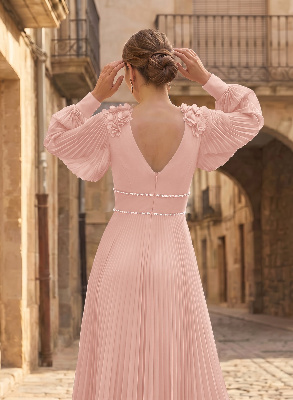 A-Line V-Neck Long Sleeves Ankle-Length Chiffon Mother Of The Bride Dresses