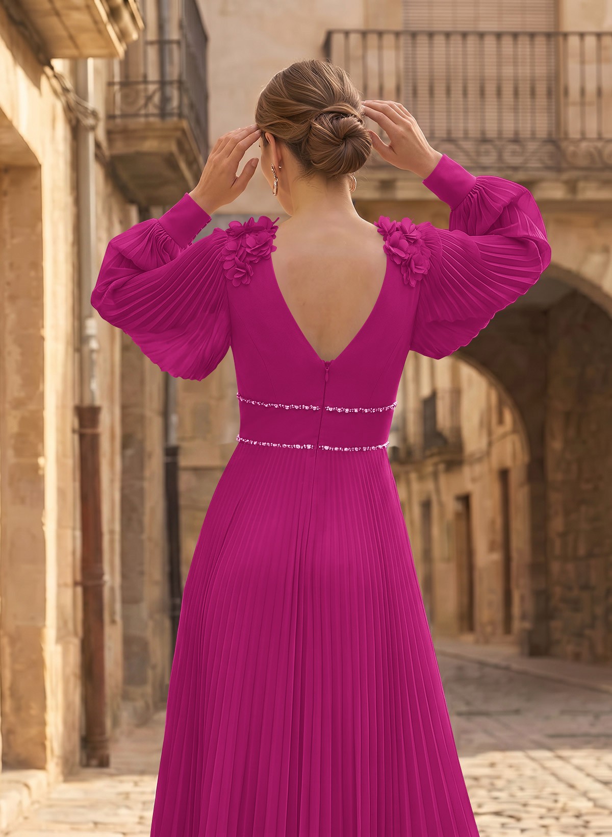 A-Line V-Neck Long Sleeves Ankle-Length Chiffon Mother Of The Bride Dresses