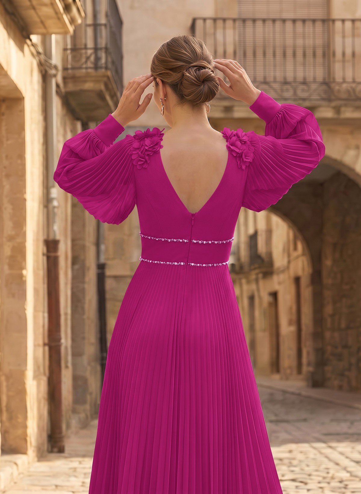 A-Line V-Neck Long Sleeves Ankle-Length Chiffon Mother Of The Bride Dresses