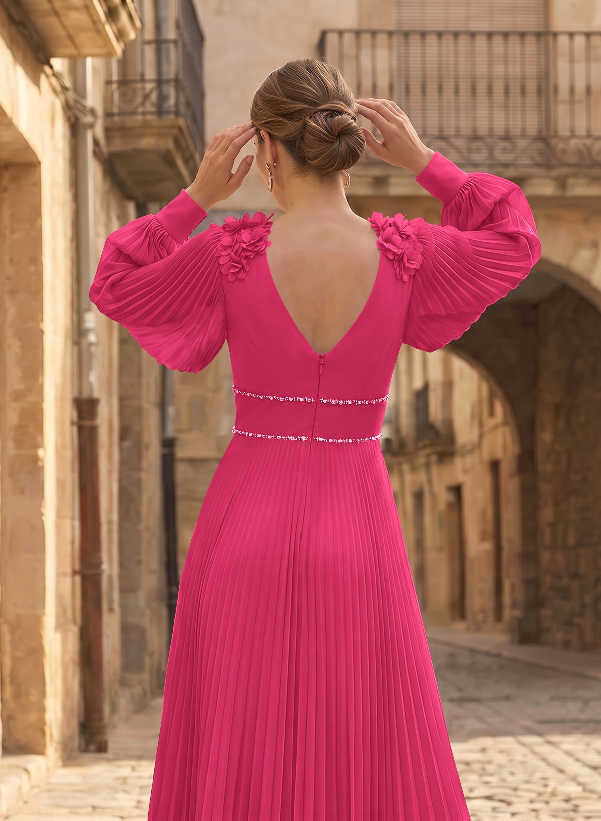 A-Line V-Neck Long Sleeves Ankle-Length Chiffon Mother Of The Bride Dresses