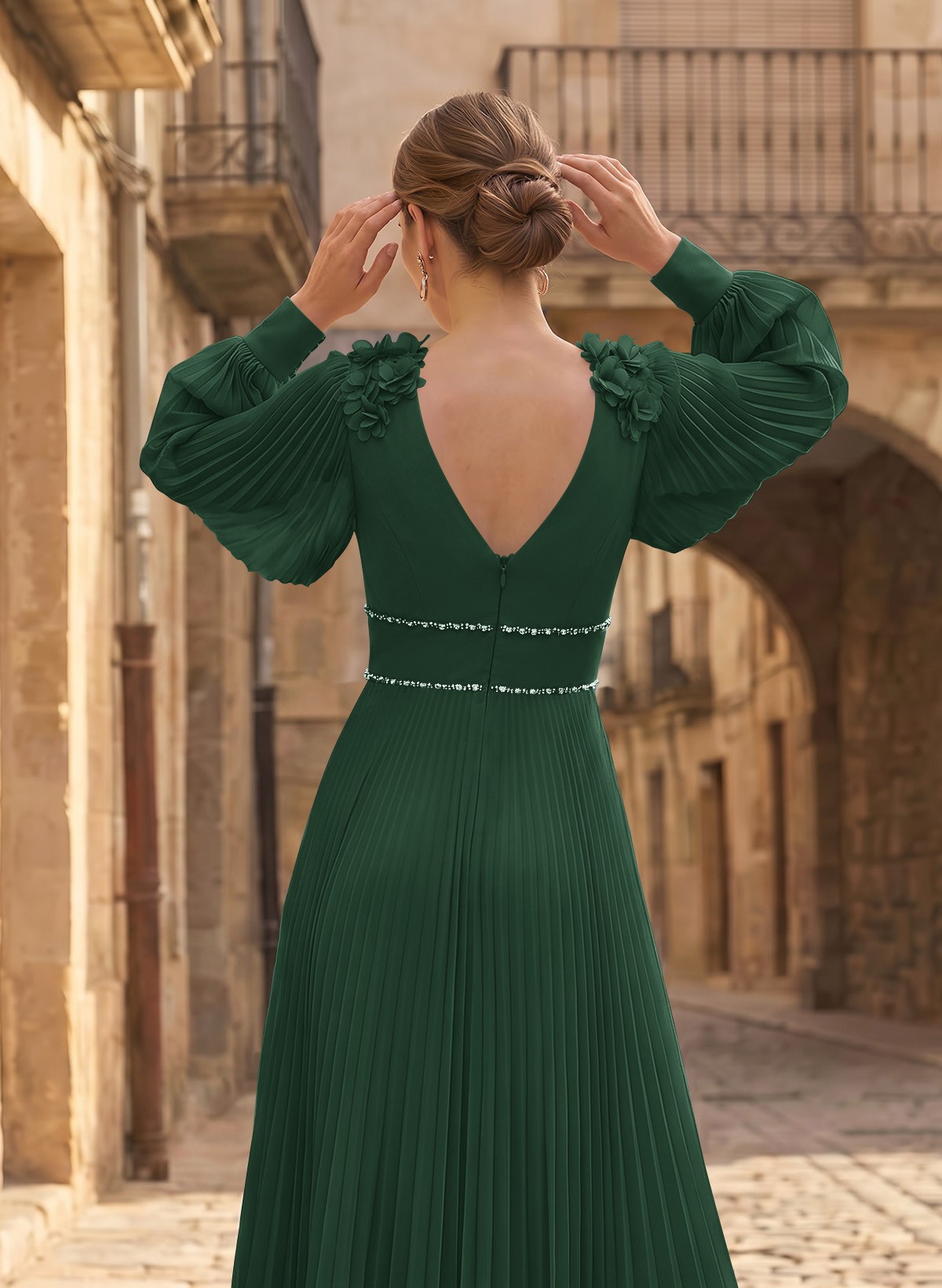 A-Line V-Neck Long Sleeves Ankle-Length Chiffon Mother Of The Bride Dresses