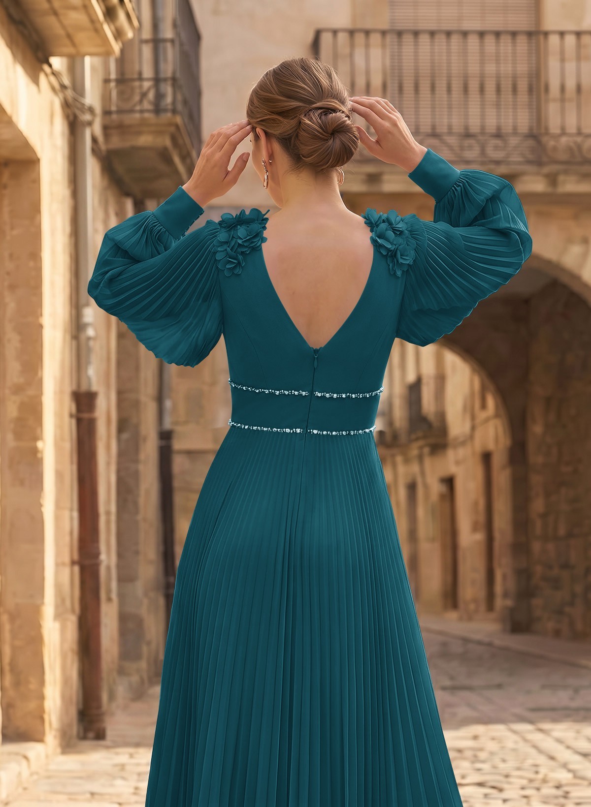 A-Line V-Neck Long Sleeves Ankle-Length Chiffon Mother Of The Bride Dresses