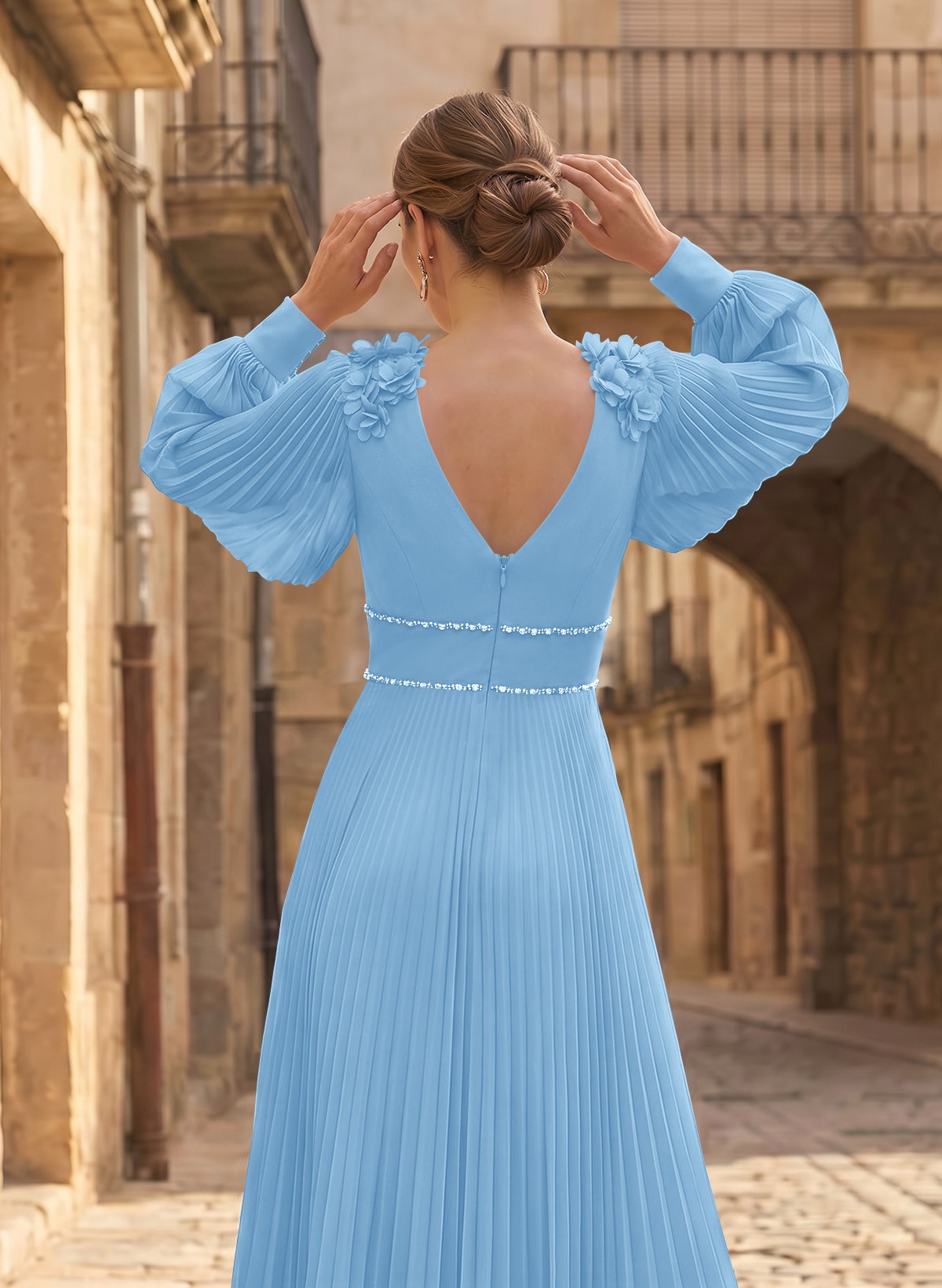 A-Line V-Neck Long Sleeves Ankle-Length Chiffon Mother Of The Bride Dresses