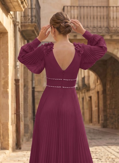 A-Line V-Neck Long Sleeves Ankle-Length Chiffon Mother Of The Bride Dresses