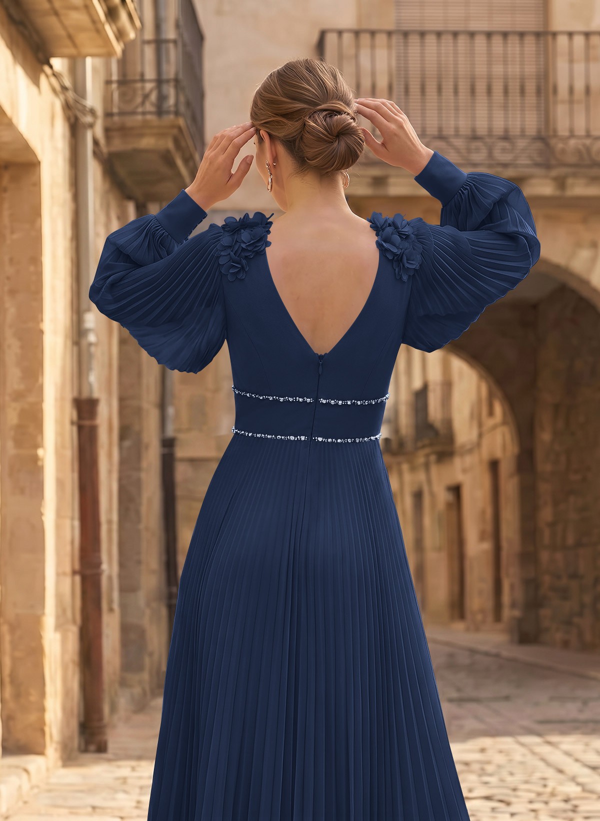 A-Line V-Neck Long Sleeves Ankle-Length Chiffon Mother Of The Bride Dresses
