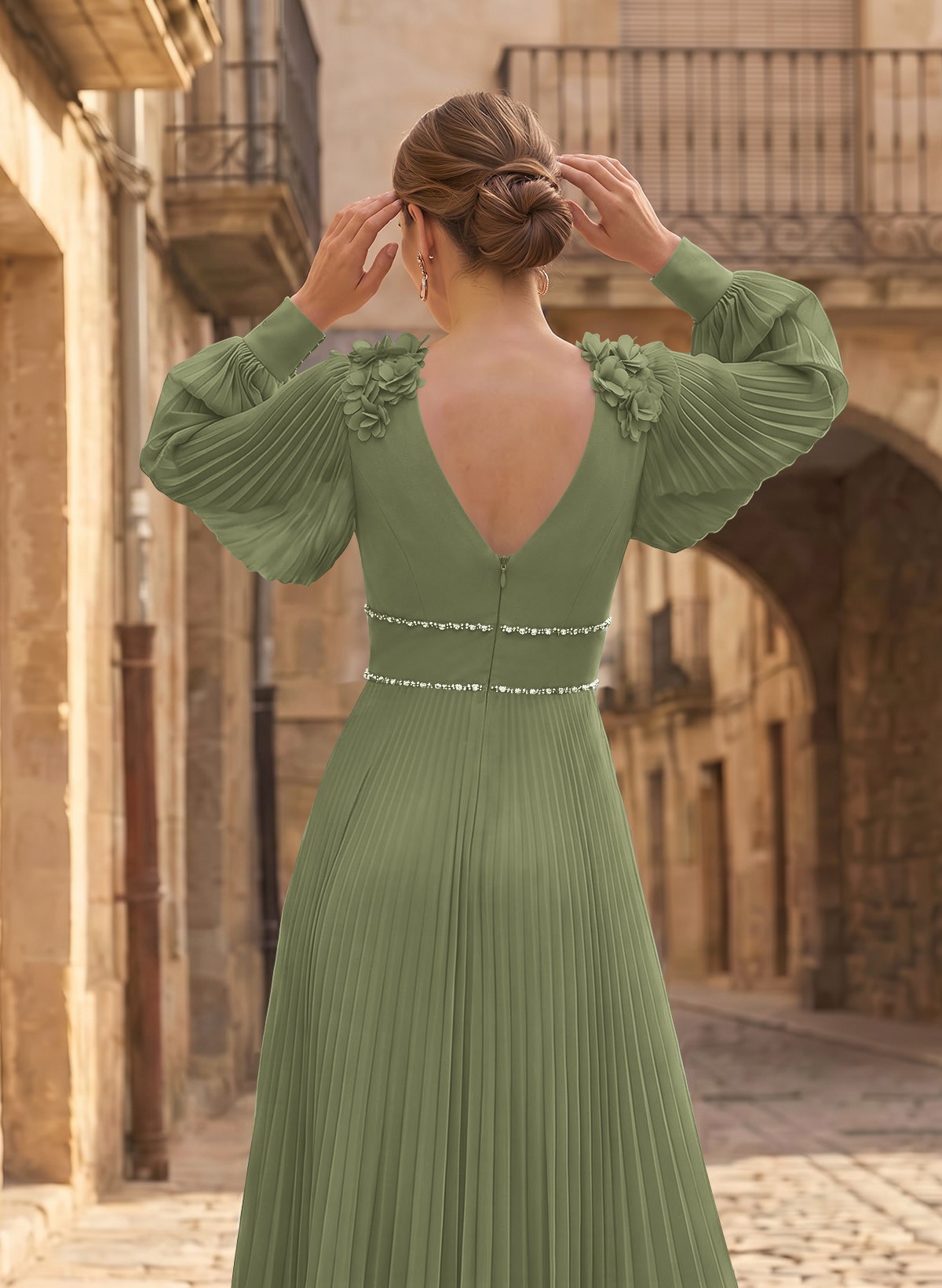 A-Line V-Neck Long Sleeves Ankle-Length Chiffon Mother Of The Bride Dresses