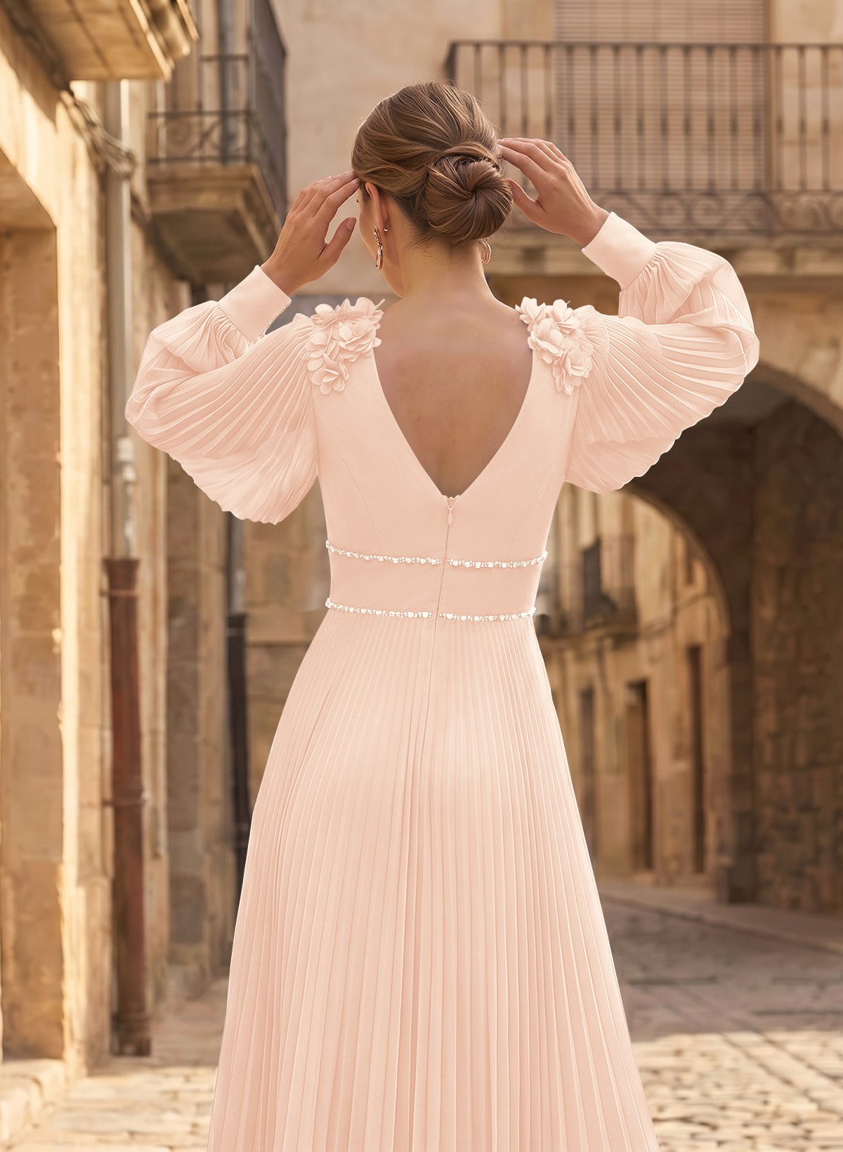 A-Line V-Neck Long Sleeves Ankle-Length Chiffon Mother Of The Bride Dresses