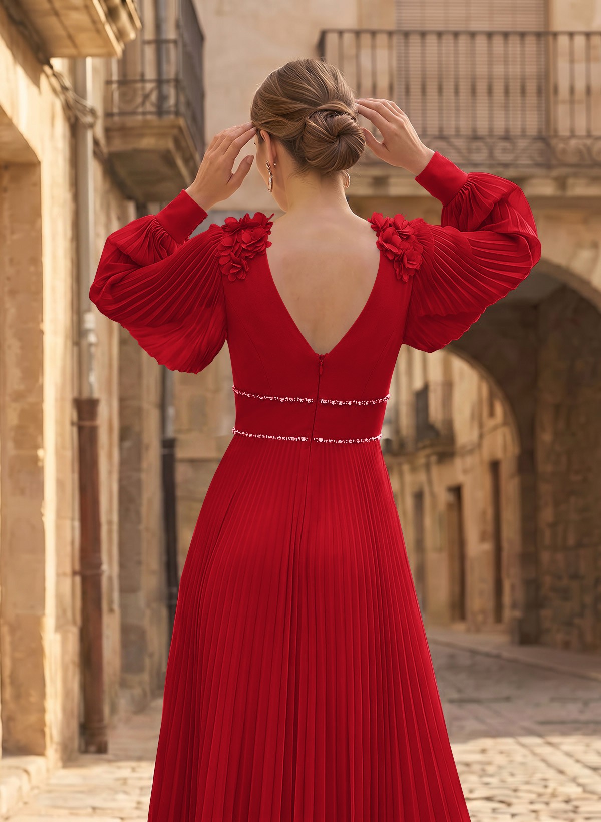 A-Line V-Neck Long Sleeves Ankle-Length Chiffon Mother Of The Bride Dresses