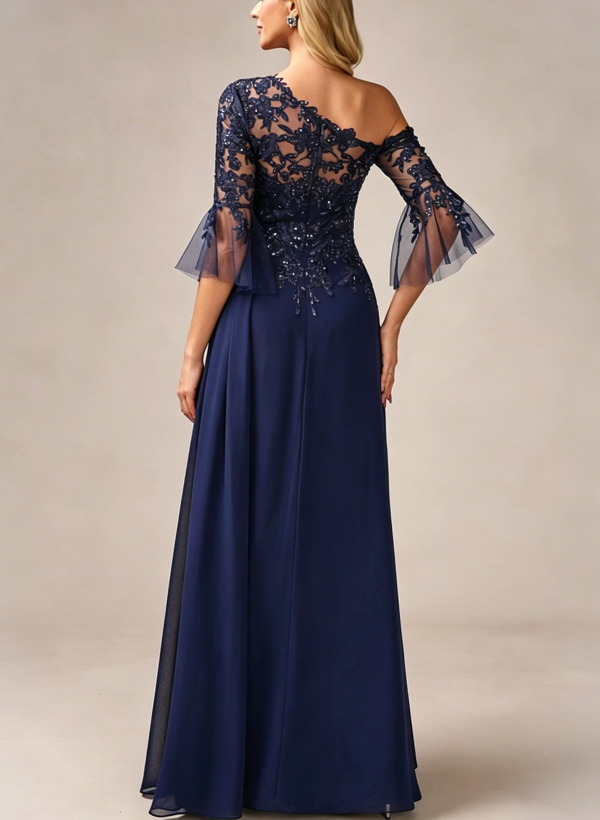 A-Line Asymmetrical 3/4 Sleeves Floor-Length Chiffon/Lace Evening Dresses With Appliques Lace, supplier image 2
