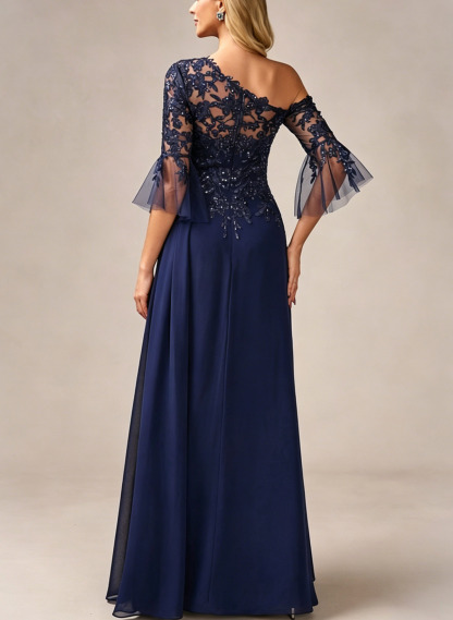 A-Line Asymmetrical 3/4 Sleeves Floor-Length Chiffon/Lace Evening Dresses With Appliques Lace, supplier image 2