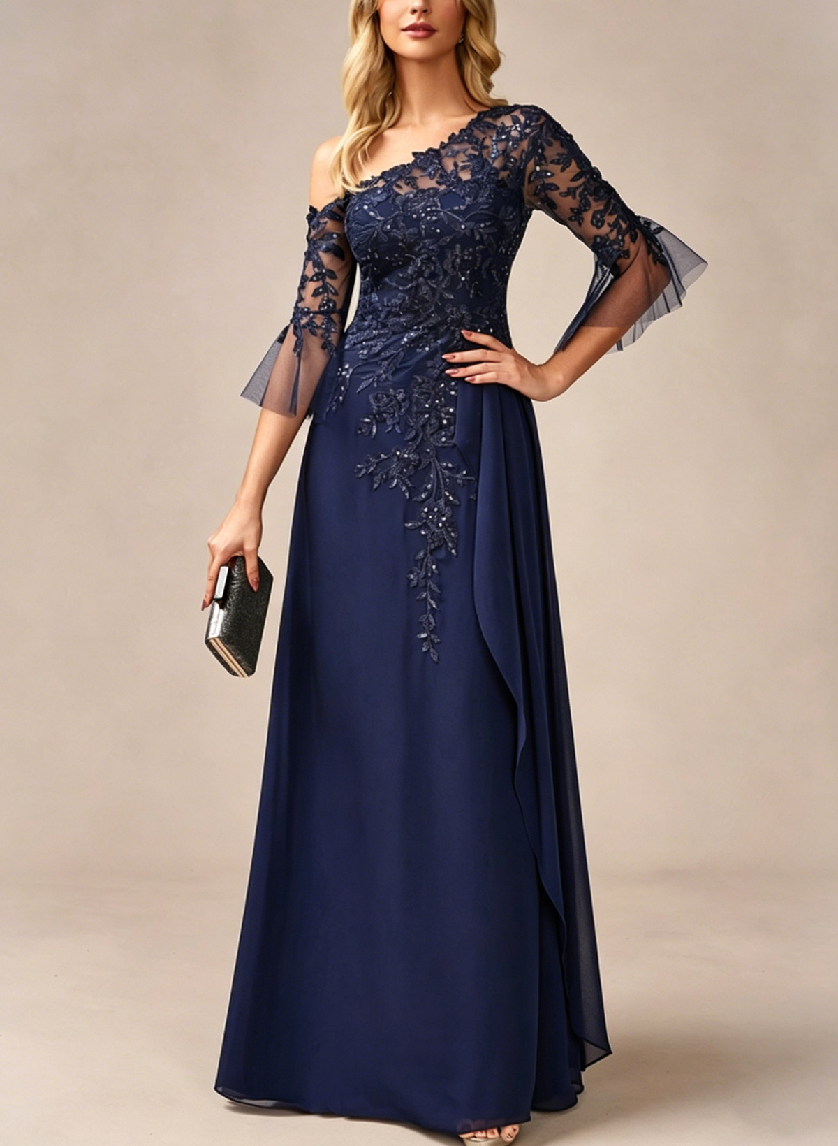 A-Line Asymmetrical 3/4 Sleeves Floor-Length Chiffon/Lace Evening Dresses With Appliques Lace in Dark Navy, US2
