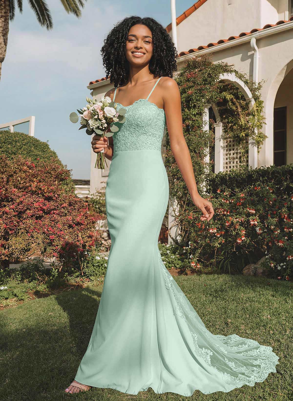 Trumpet/Mermaid Sweetheart Elastic Satin Bridesmaid Dresses With Appliques Lace, product image 144