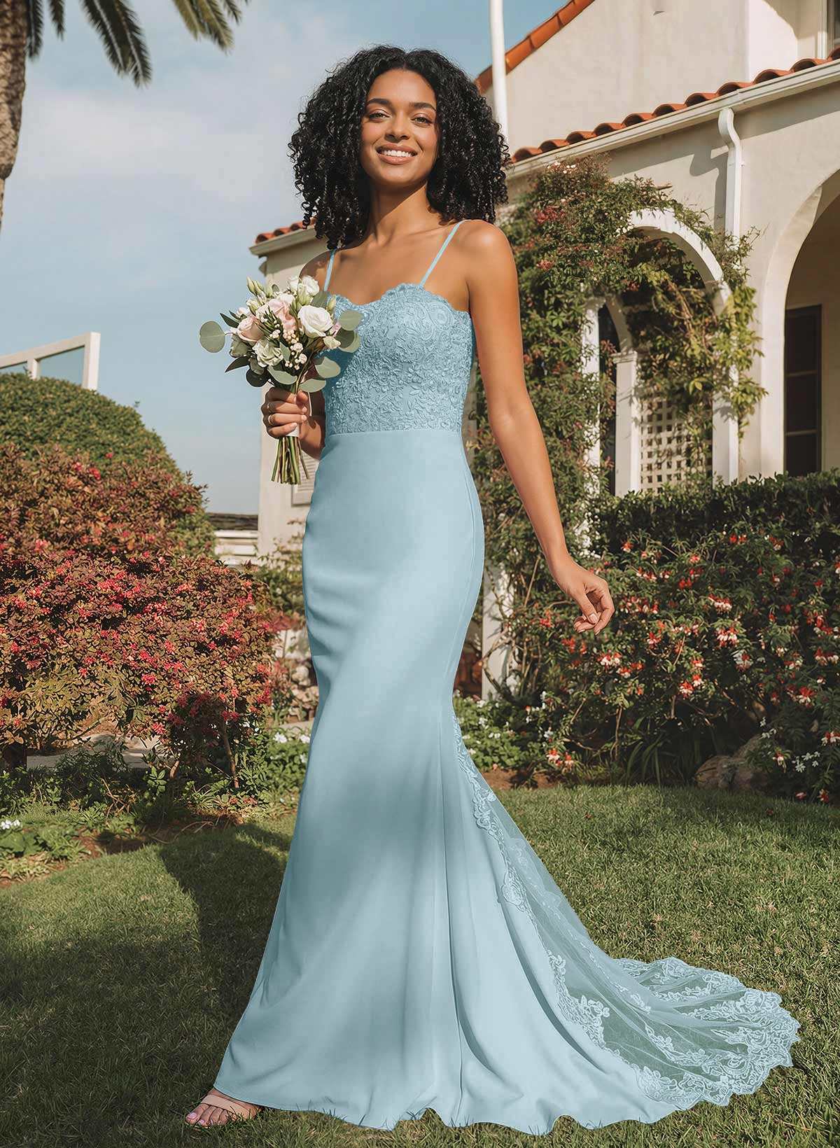 Trumpet/Mermaid Sweetheart Elastic Satin Bridesmaid Dresses With Appliques Lace, product image 132