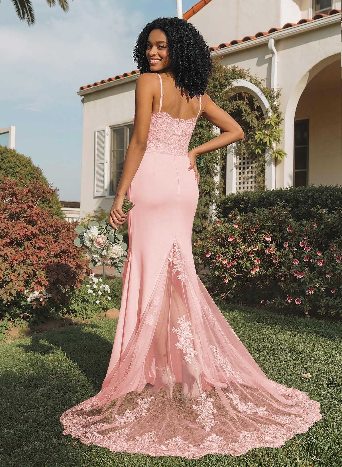 Trumpet/Mermaid Sweetheart Elastic Satin Bridesmaid Dresses With Appliques Lace, product image 38