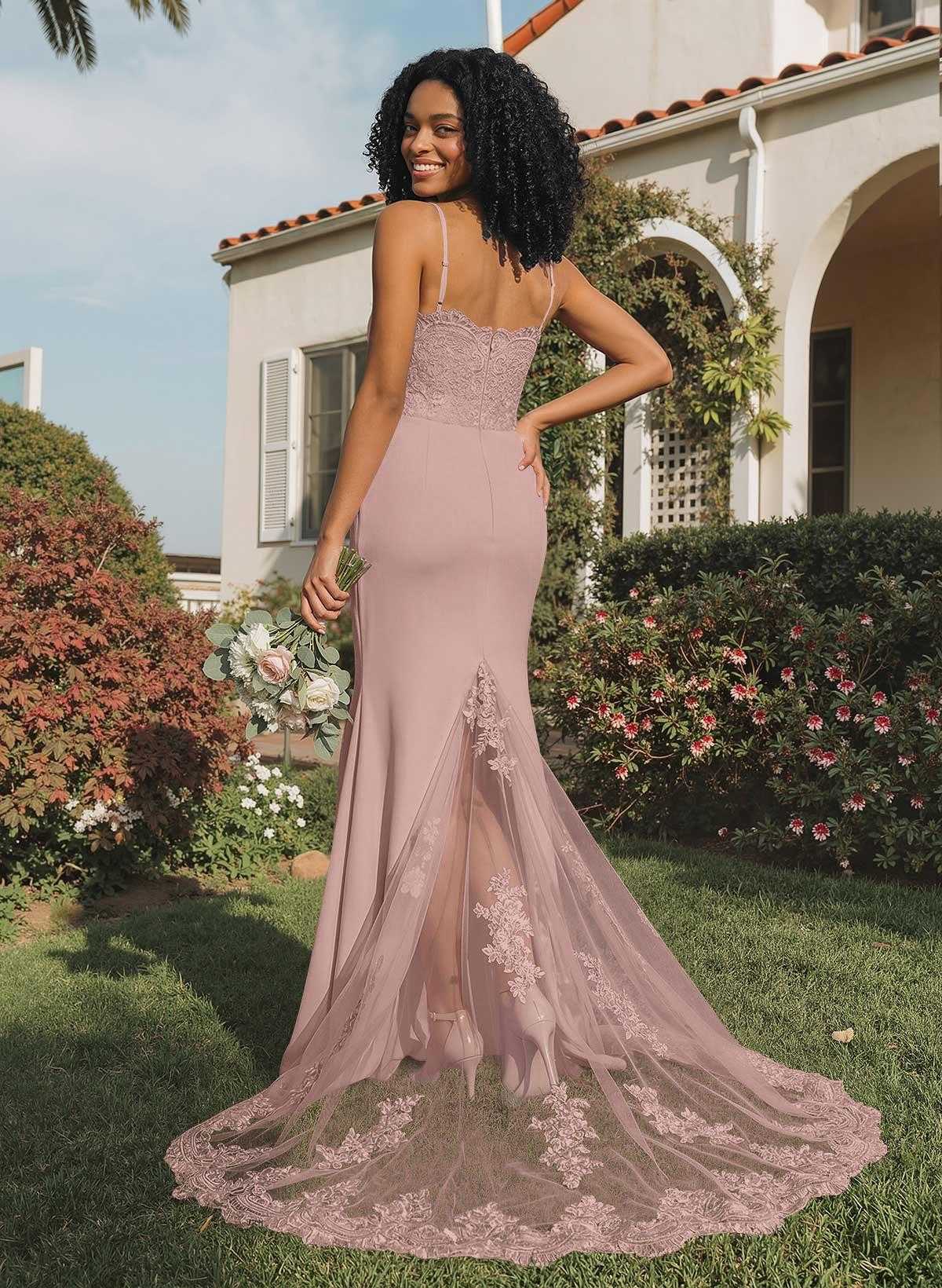 Trumpet/Mermaid Sweetheart Elastic Satin Bridesmaid Dresses With Appliques Lace, product image 23