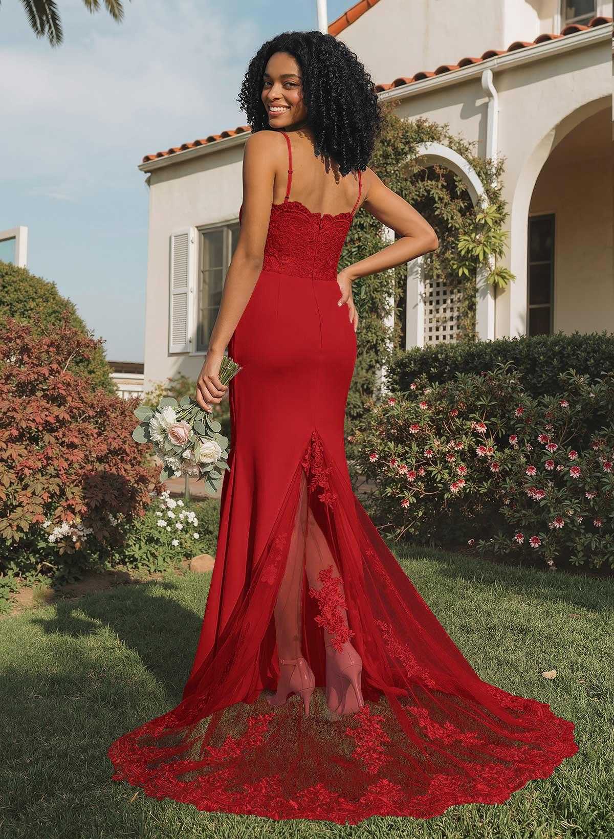 Trumpet/Mermaid Sweetheart Elastic Satin Bridesmaid Dresses With Appliques Lace, product image 8