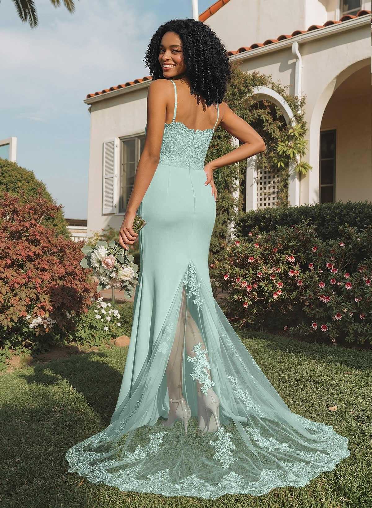 Trumpet/Mermaid Sweetheart Elastic Satin Bridesmaid Dresses With Appliques Lace, product image 151