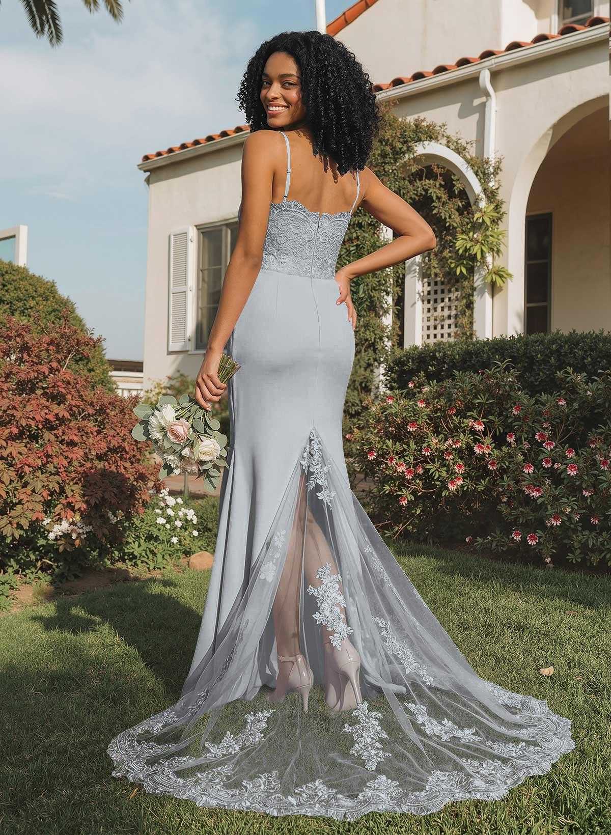 Trumpet/Mermaid Sweetheart Elastic Satin Bridesmaid Dresses With Appliques Lace, product image 32
